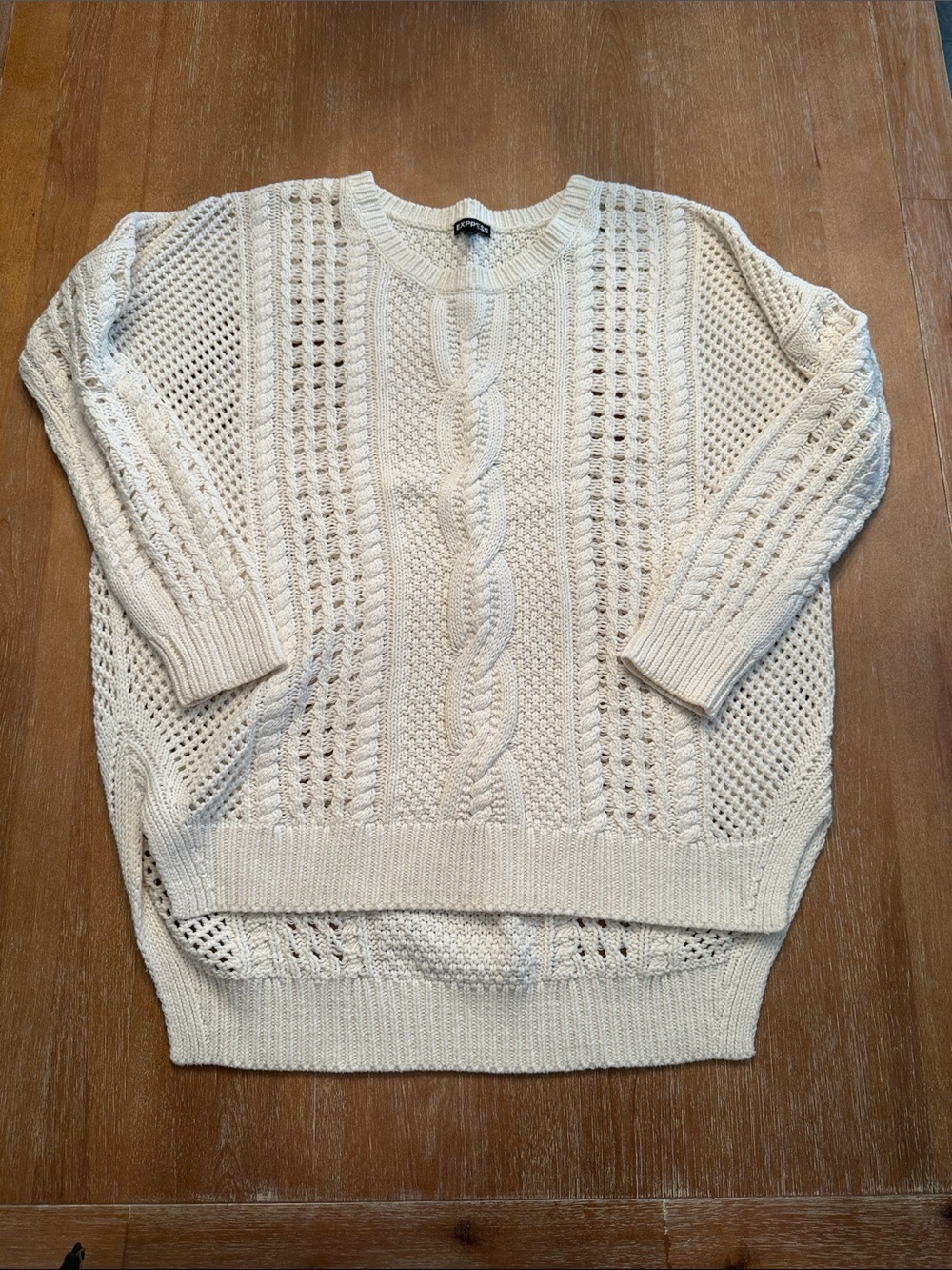 Express Cream Cable-Front Openwork Sweater